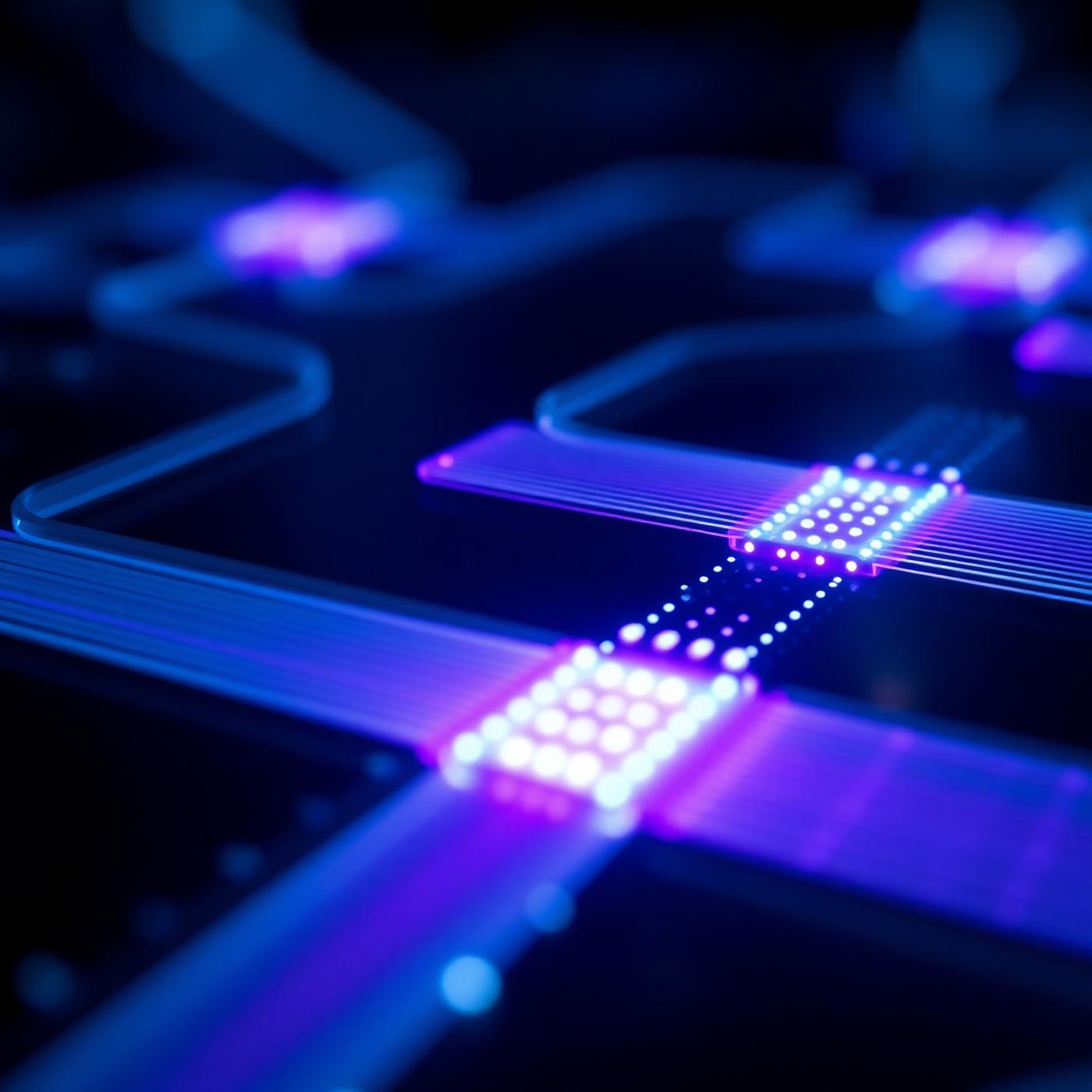 P3DX photonic integrated circuit showing cyan and violet waveguides